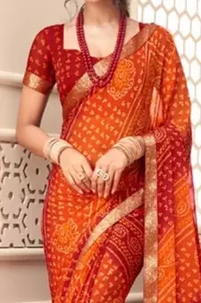 Orange Maroon Bandhani printed chiffon saree with blouse