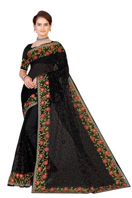 Black Embroidered Net Saree With Blouse 1