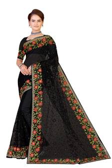 Black Embroidered Net Saree With Blouse