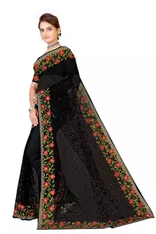 Black Embroidered Net Saree With Blouse