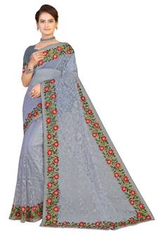 Grey Embroidered Net Saree With Blouse