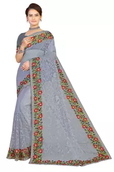 Grey Embroidered Net Saree With Blouse