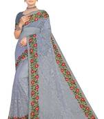 Grey Embroidered Net Saree With Blouse