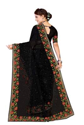 Black Embroidered Net Saree With Blouse 3