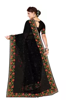 Black Embroidered Net Saree With Blouse