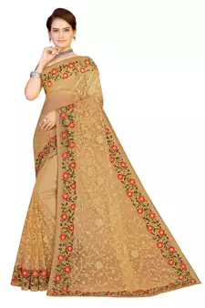 Beige Embroidered Net Saree With Blouse