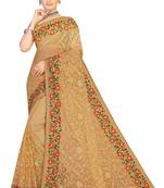 Beige Embroidered Net Saree With Blouse