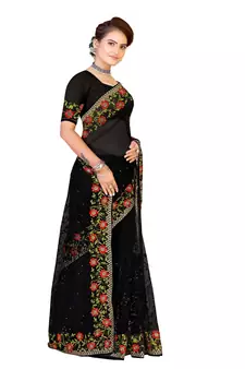 Black Embroidered Net Saree With Blouse