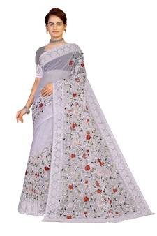Grey Embroidered Net Saree With Blouse