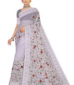 Grey Embroidered Net Saree With Blouse