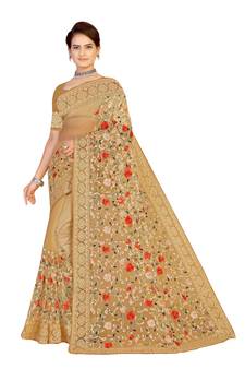 Beige Embroidered Net Saree With Blouse