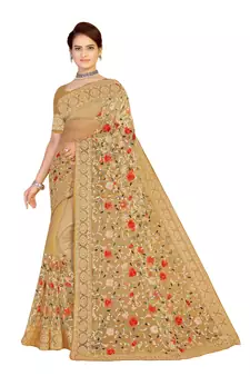 Beige Embroidered Net Saree With Blouse