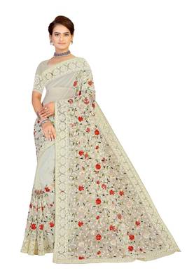 White Embroidered Net Saree With Blouse 1