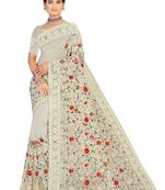 White Embroidered Net Saree With Blouse