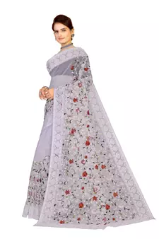 Grey Embroidered Net Saree With Blouse
