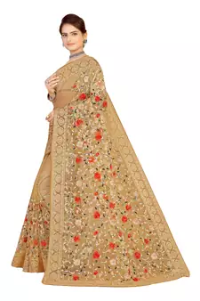 Beige Embroidered Net Saree With Blouse