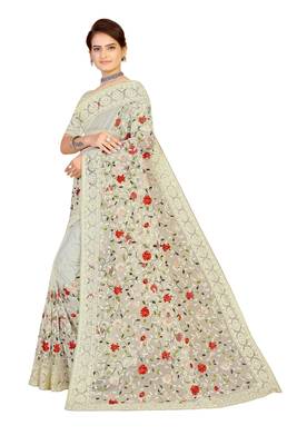 White Embroidered Net Saree With Blouse 2