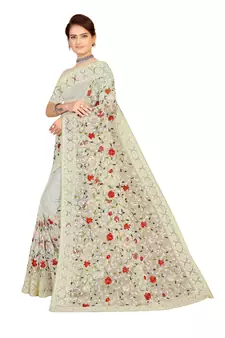 White Embroidered Net Saree With Blouse