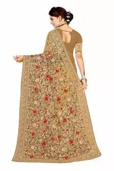 Beige Embroidered Net Saree With Blouse