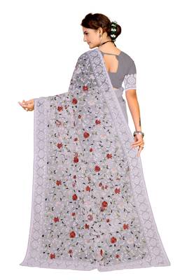 Grey Embroidered Net Saree With Blouse 3