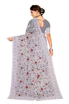 Grey Embroidered Net Saree With Blouse