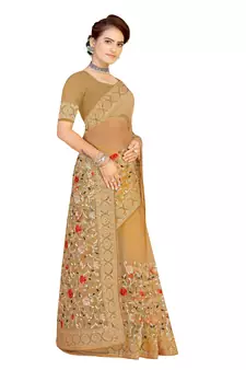 Beige Embroidered Net Saree With Blouse