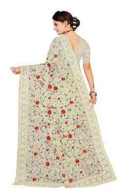 White Embroidered Net Saree With Blouse 3