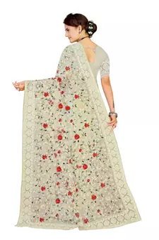 White Embroidered Net Saree With Blouse