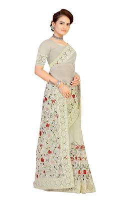 White Embroidered Net Saree With Blouse 4
