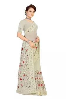 White Embroidered Net Saree With Blouse