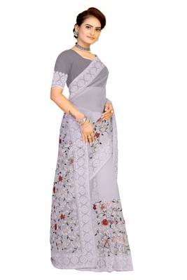 Grey Embroidered Net Saree With Blouse 4
