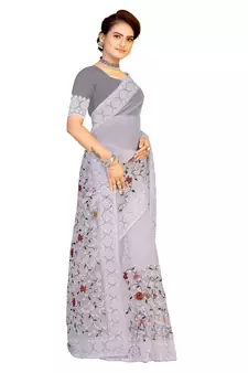 Grey Embroidered Net Saree With Blouse