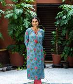Weavllite Women's Blue  Pure Cotton Block printed Kurta