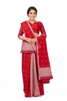 Red Embroidered Cotton Saree With Blouse