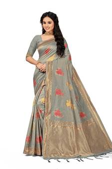 Grey Embroidered Cotton Saree With Blouse