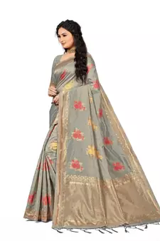 Grey Embroidered Cotton Saree With Blouse