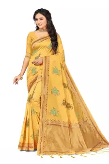 Yellow Embroidered Cotton Saree With Blouse