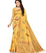 Yellow Embroidered Cotton Saree With Blouse