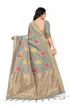 Grey Embroidered Cotton Saree With Blouse