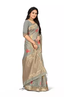 Grey Embroidered Cotton Saree With Blouse