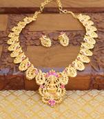 Gold plated temple peacock  necklace set  with screw back earrings
