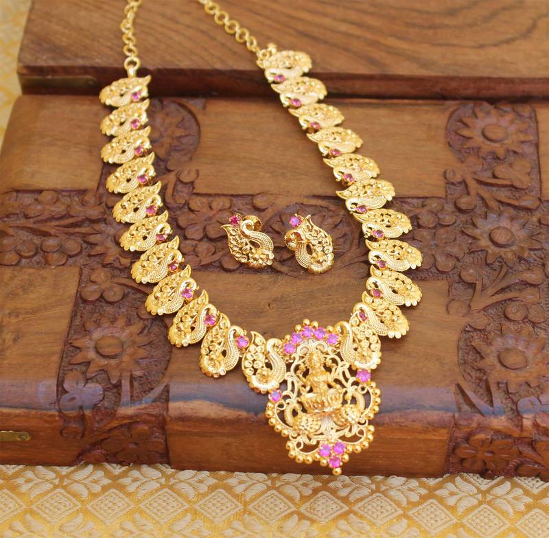 Gold plated temple peacock  necklace set  with screw back earrings