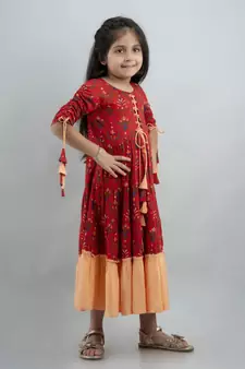 Girl Paisley Anarkali Red Gown in Rayon