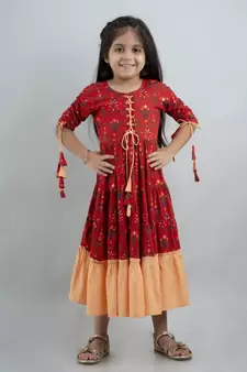Girl Paisley Anarkali Red Gown in Rayon