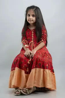 Girl Paisley Anarkali Red Gown in Rayon