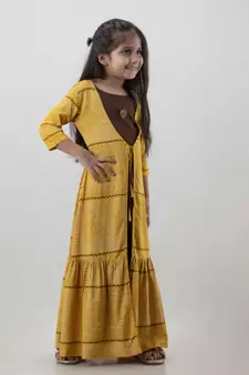 Girl Checkered Frontslit Anarkali Multicolor Gown in Rayon