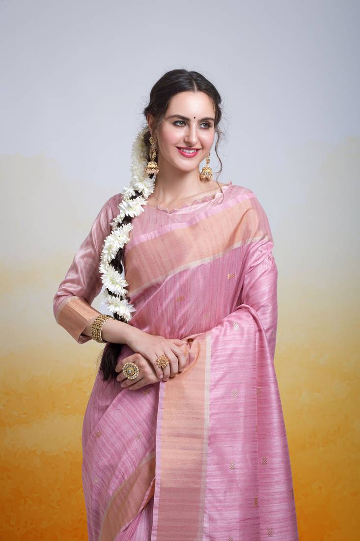 Ethnic Tussar Silk Buby Pink Traditional Saree With Unique Weaving Butti Pattern