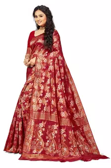 Maroon Embroidered Cotton Saree With Blouse
