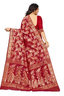 Maroon Embroidered Cotton Saree With Blouse