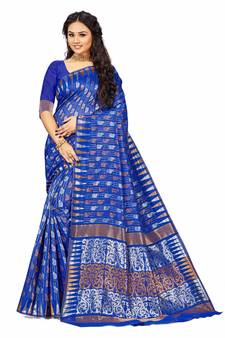 Blue Embroidered Cotton Saree With Blouse